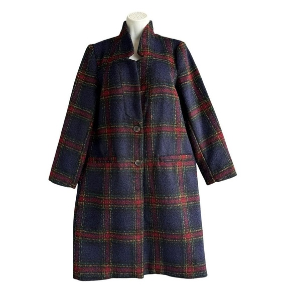 Old Navy Plaid Long-Line Wool Coat Women's S Multicolor Soft-Brushed Relaxed - Picture 1 of 4